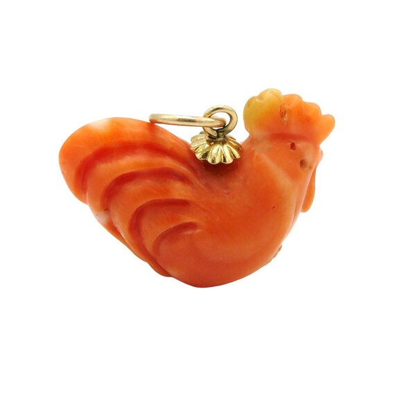 Vintage Art Deco Era 14K Gold & Carved Coral Mother Hen Chicken Charm - Picture 2 of 9